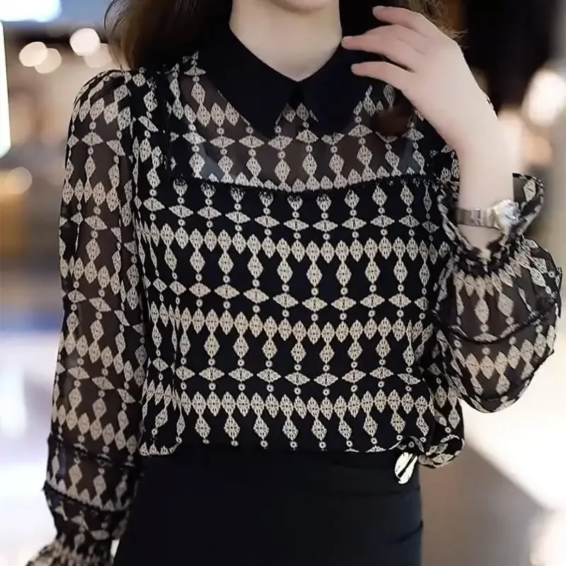 Moteriški drabužiai Elegantiškas temperamentas Spausdinta šifono palaidinė 2023 m. Rudeninė Korėjiečių kelionė ilgomis rankovėmis sujungti marškiniai moterims X858