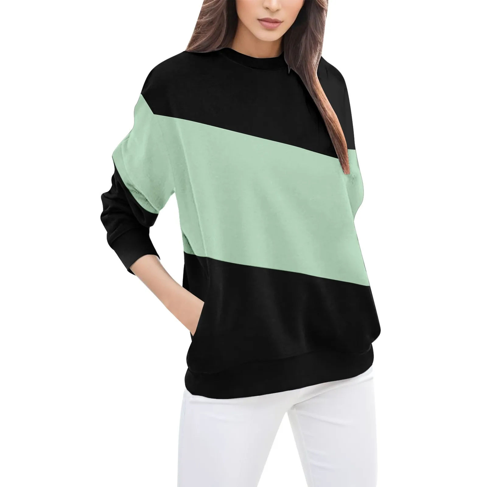 Moteriški džemperiai Spalva Blokuojantys ilgomis rankovėmis Apvalaus kaklo džemperiai Laisvi megztiniai iš kišeninių marškinių Harajuku Oversize džemperis