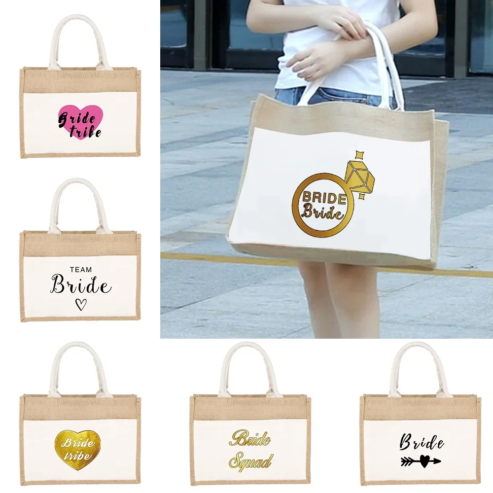 Moteriški pirkinių krepšiai Džiuto rankinė Lininė pečių maišai Lininiai pečių maišai Nuotakos spausdinimo raštas maisto prekių apsipirkimui