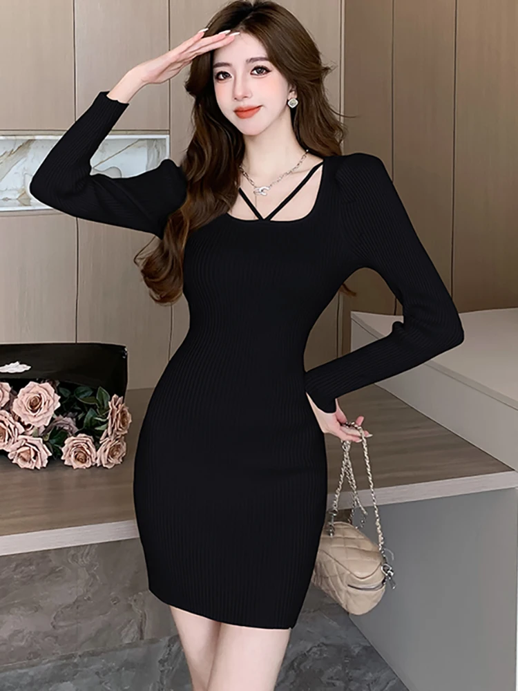 Moterys Megztos elegantiškos kvadratinės apykaklės seksuali mini suknelė Rudens žieminė kieta Bodycon megztinio suknelė 2023 Korėjietiška vintažinė vakarinė suknelė
