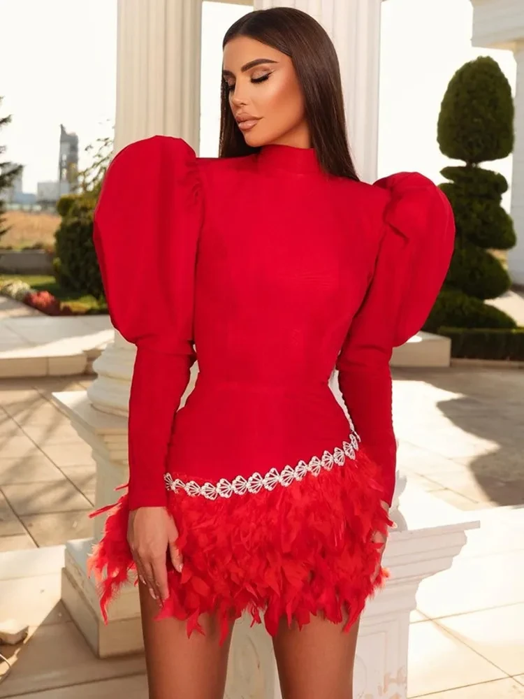 Moterys Prabangūs Seksualūs ilgų rankovių plunksnų deimantai Juoda raudona Mini Bodycon tvarsčio suknelė Elegantiška vakarinė vakarėlio klubo suknelė