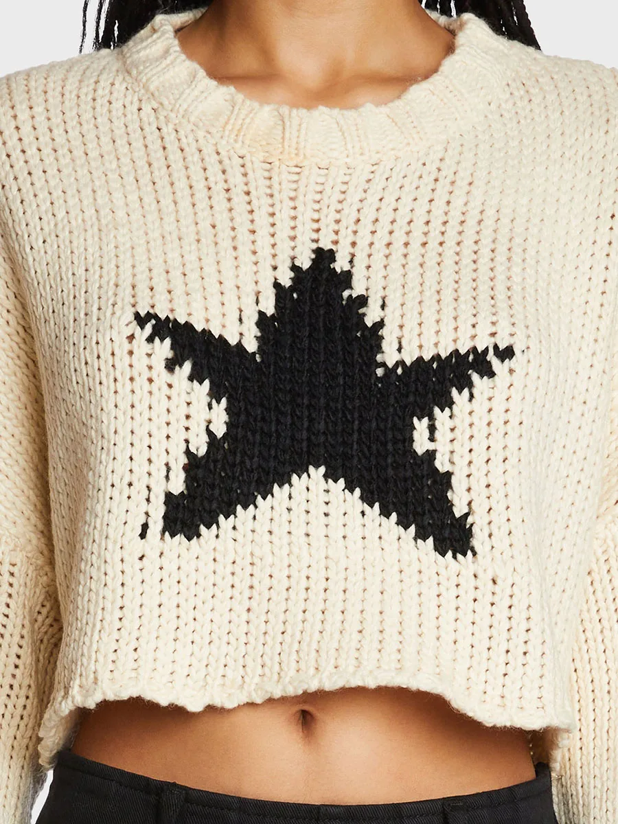 Moterys Vintažinis apkarpytas megztinis Grunge Star Raštas ilgomis rankovėmis Apvaliu kaklu megztas megztukas Megztos viršūnės Retro nėrimo viršūnės