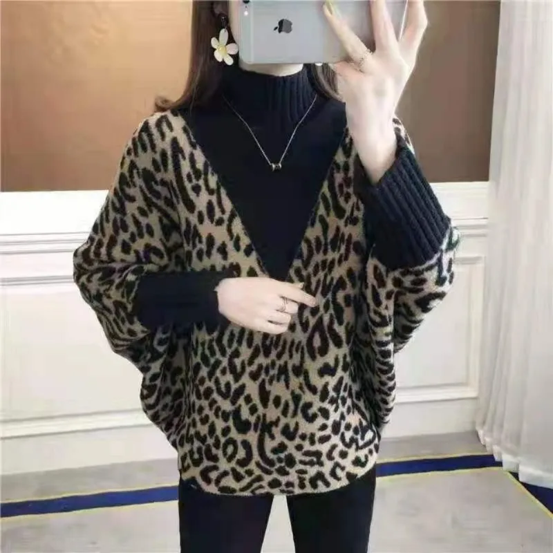 Moterų rudens žiemos mada Elegantiškas megztinis aukštu kaklu ilgomis rankovėmis leopardo raštas LinasCasual Universalus vakarietiškas priemiestinis topas