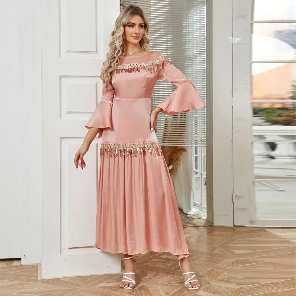 Muslim Kutsel Sequin Dress Women Abaya Islamic Clothing Vestidos Female Autumn Caftan Robe Casual Long Sleeve Suknelė aukštu liemeniu