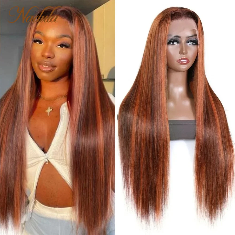 Nadula Straight Hair Highlight Wig 13x4 Nėrinių priekis Žmogaus plaukų perukas moterims Auburn&Ginger Piano spalva iš anksto nupešta su kūdikių plaukais
