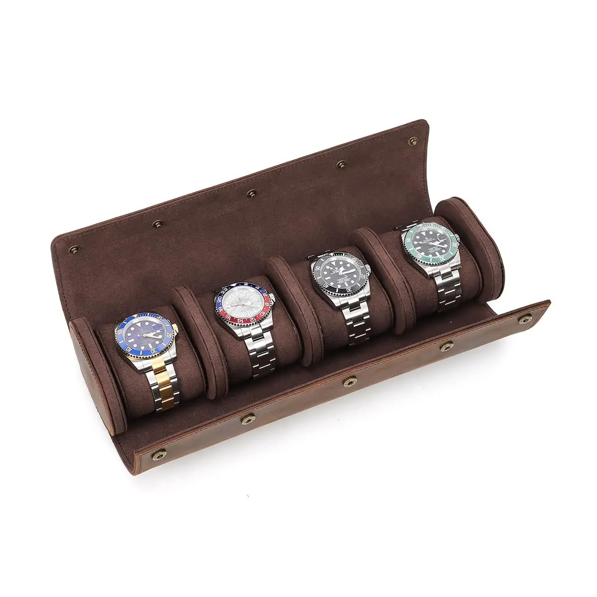 Natūralios odos laikrodžių ritinėlių kelioninis laikymo dėklas,4 lizdo pašėlusio arklio odos laikrodžių dėžutė laikrodžių laikrodžiui Brangūs verslo laikrodžiai