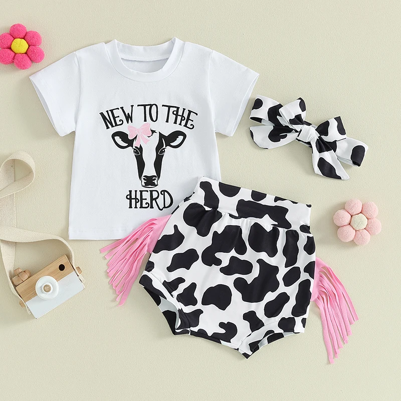 Naujagimė mergaitė Vasariniai drabužiai Vakariniai marškinėliai trumpomis rankovėmis Karvės spausdinimo šortai su kutais Galvos juostos komplektas 3Vnt