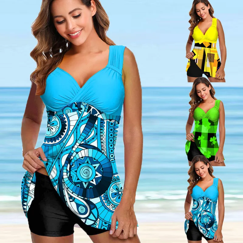 New Women Two Piece Tankini maudymosi kostiumėlis Female Print Swim Bikini Suit Maudymosi kostiumas plius dydis Paplūdimio apranga Monokini Vasariniai maudymosi kostiumėliai