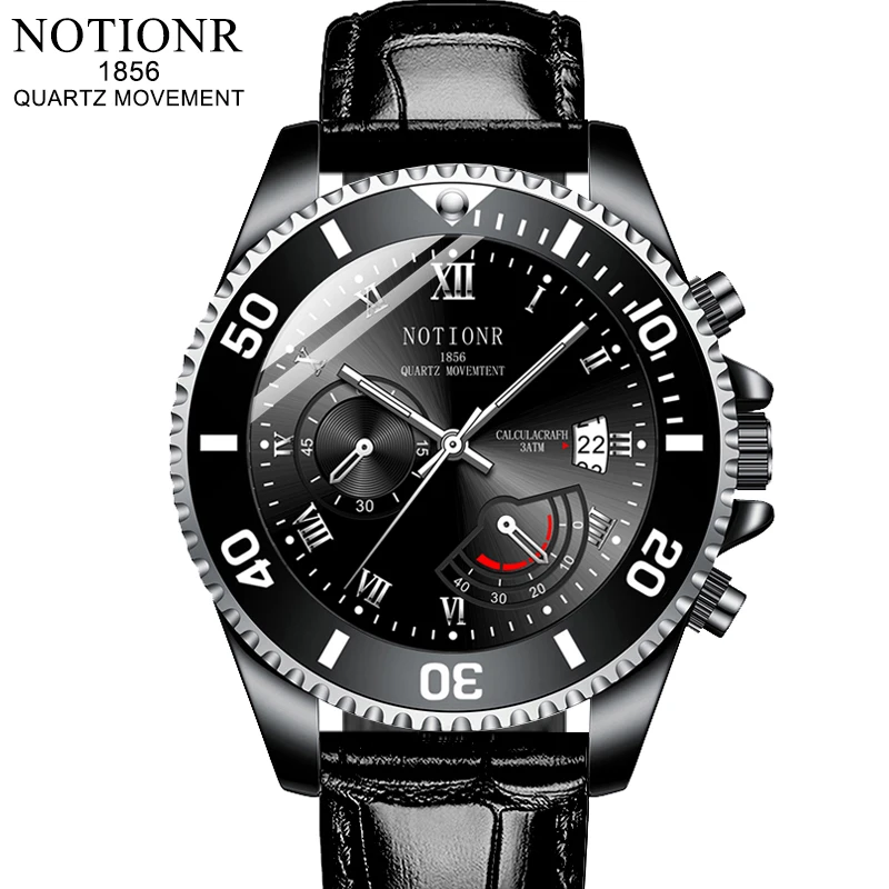 NOTIONR Fashion Vyriški juodi laikrodžiai vyrams Kalendorius Kvarcinis rankinis laikrodis Prabangus vyras Verslo odinis laikrodis Relogio Masculino