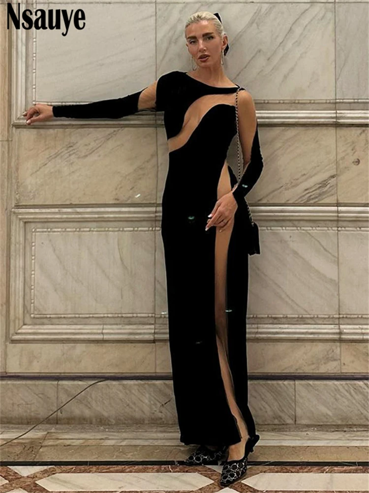 Nsauye Elegant Fashion Ilgomis rankovėmis Moteriški tinkliniai drabužiai Maxi Club Nauja suknelė Seksualus vakarėlis Prašmatnus Bodycon suknelė Apranga 2023