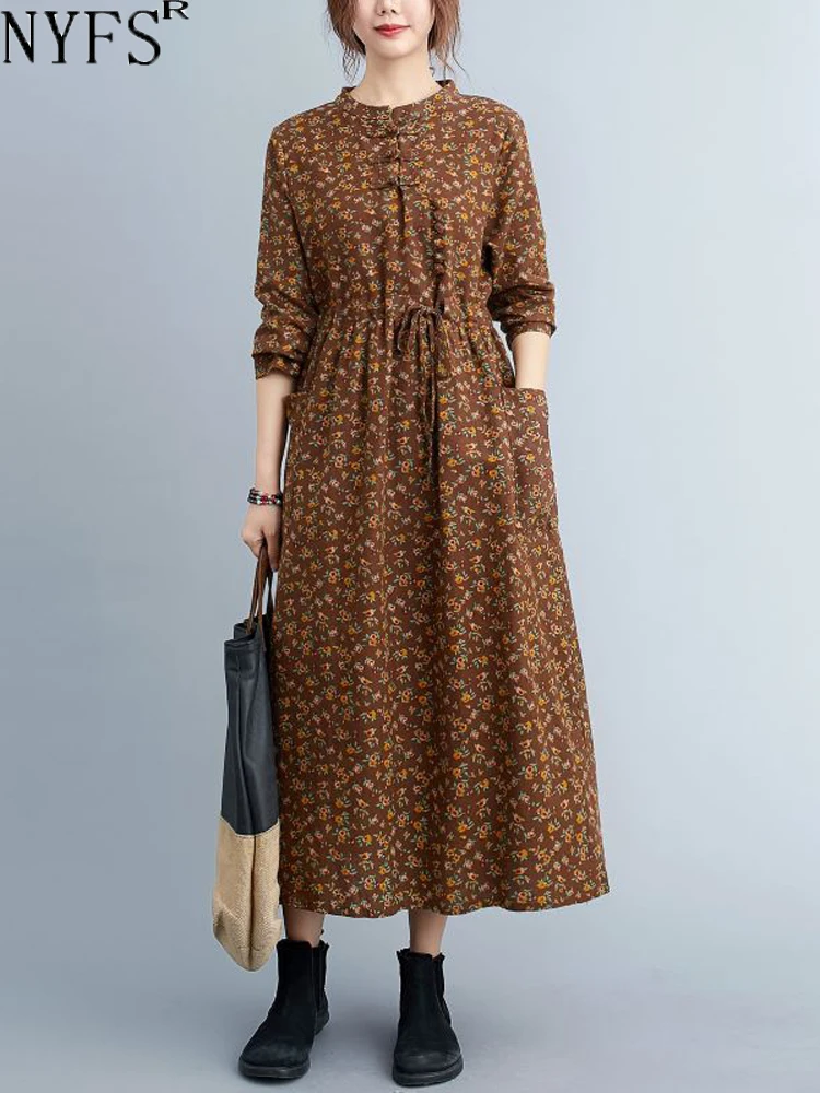 NYFS 2023 m. rudens nauja vintažinė moteriška suknelė Vestidos chalatas Elbise laisvas plius dydžio ilgomis rankovėmis gėlėtas raištelis ilga suknelė