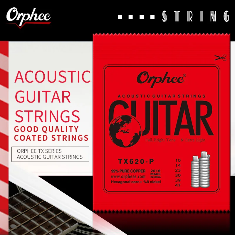 Orphee TX620-P, akustinės gitaros stygos, vidutinės anglinio plieno, šešiakampės šerdies, raudonos vario apvijos, liaudies gitaros dalys ir priedai