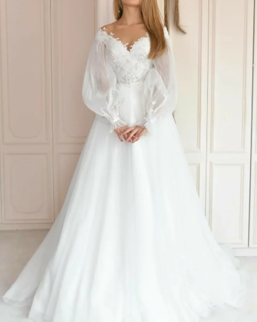 Othray nėrinių aplikacijos V-kaklo ilgos žibintų rankovės Grindų ilgis Romantiška nuotakos suknelė Vestidos de Noiva Nauja A-Line vestuvinė suknelė