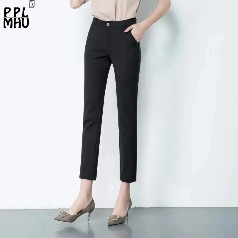 Oversize 4xl Formal Work Black Pants Office Lady Slim Classics Pantalones Stretch Pencil Capris Ankle Length Straight Kelnės