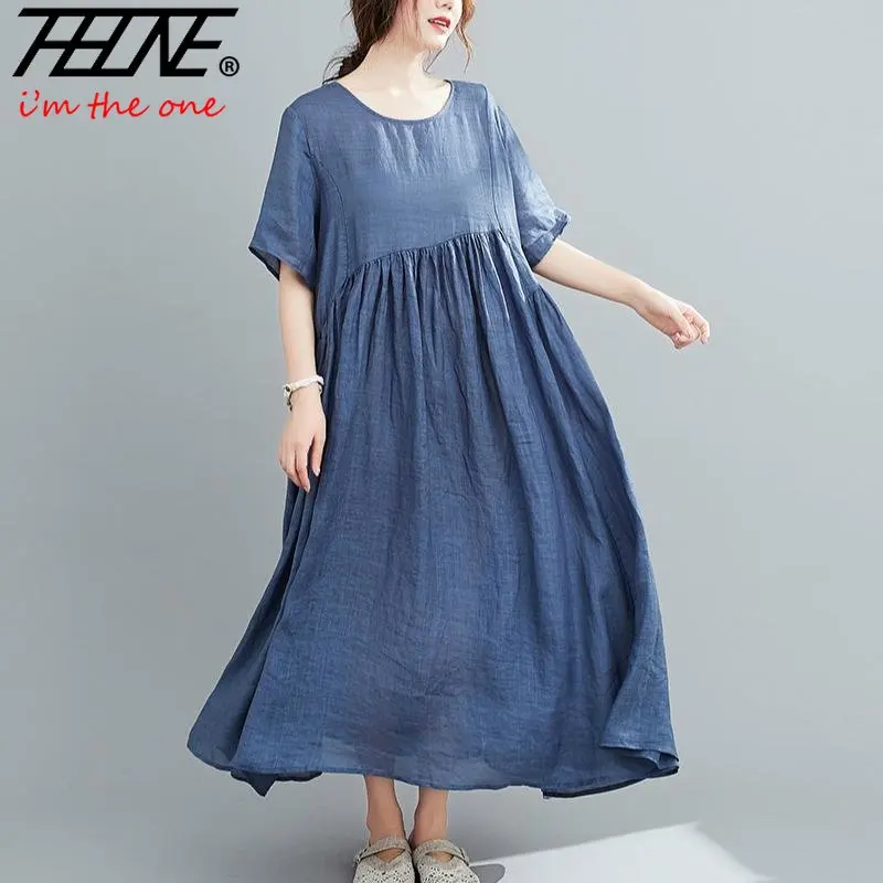 Oversized Medvilninė vintažinė suknelė Moterys Solid Casual Loose Ladies Suknelės Elegantiškas ilgas vasaros korėjietiškas stilius 2023 Vestidos chalatas Femme