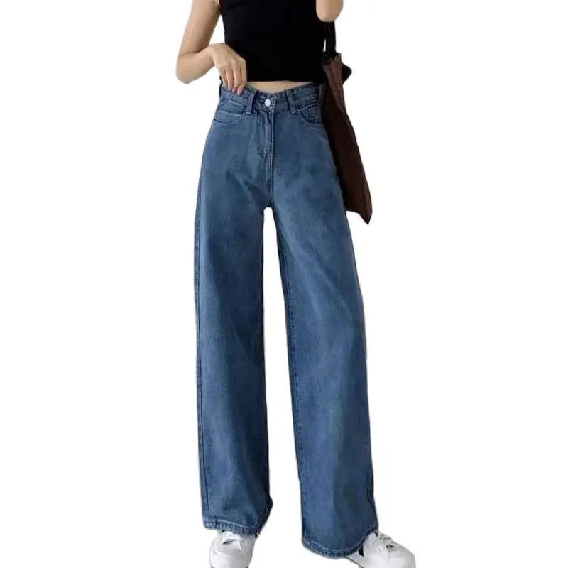 Pavasario vasaros džinsai Moteriškos džinsinės tiesios kelnės aukštu liemeniu Skalbti vintažiniai džinsai Lady Laisvos laisvalaikio kelnės Plačių kojų kelnės