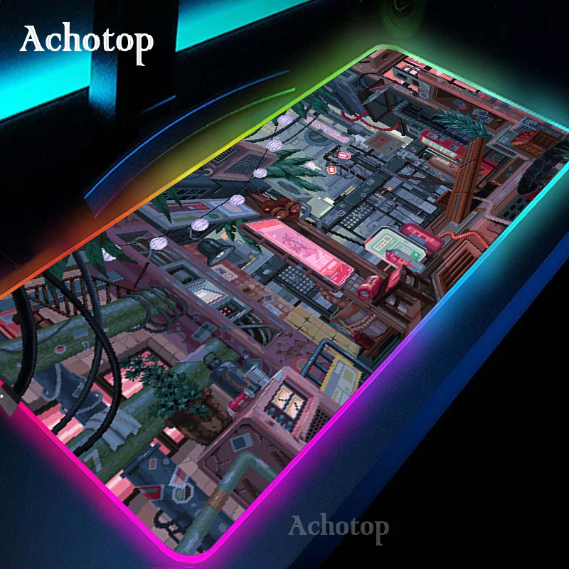 Pixel Neon City RGB pelės kilimėlis XXL didelis žaidėjas Mausepad LED DeskMat Kompiuterinių žaidimų priedai Kilimas 900x400 Anime Biuro kilimėliai