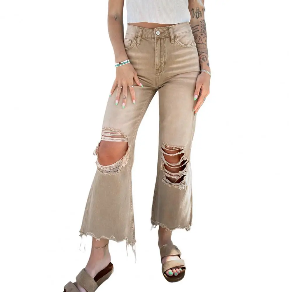 Plėšyti platėjantys džinsai Moteriški kišenvagiai Užtrauktuku Placket Vintage High Waist Wide Legs Pants Autumn Casual Denim Pants Female Streetwear
