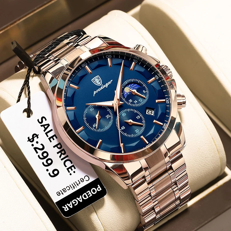 POEDAGAR Rose Gold sportiniai laikrodžiai Vyriški prekės ženklo vandeniui atsparus prabangus šviečiantis kvarcinis laikrodis Man nerūdijančio plieno chronometrai 2023