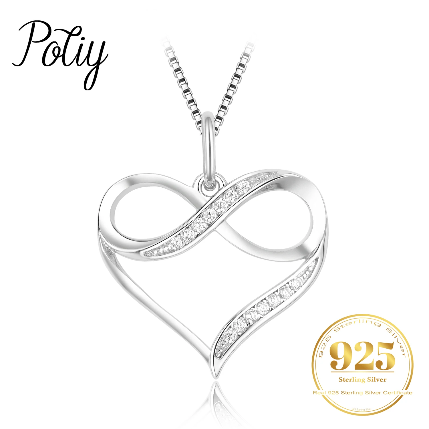 Potiy Round Cubic Zirconia Heart Infinity Pakabuko vėrinys 925 sterlingų sidabras moterims Dovanų poros diena miela Papuošalai