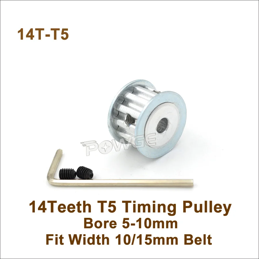 POWGE 14 dantų T5 paskirstymo skriemulio anga 5-10mm tinka w = 10 / 15 mm T5 sinchroninis diržas 14T 14Teeth T5 paskirstymo diržo skriemulys 14-T5