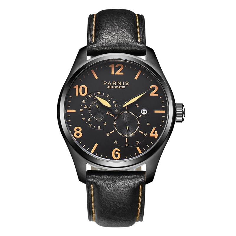 Prabangus laikrodis Parnis 44mm Juodas dėklas Vyriškas laikrodis Odinis dirželis Šviečiantis mechaninis Automatinis Vyriški sportiniai rankiniai laikrodžiai reloj hombre