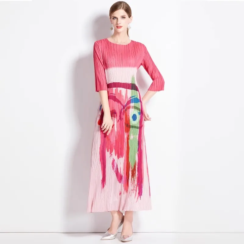 Prancūzų dizaineris 2023 Ruduo Miyake Plisuota laisva atostogų suknelė Vintažinė moteriška marginta puse rankovės Rožinė Ilga A linija Vestidos