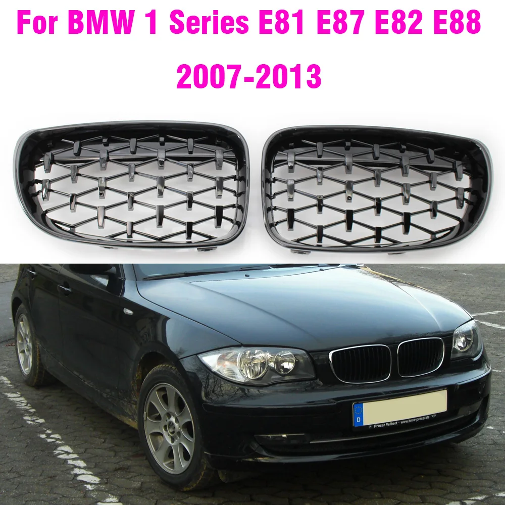 Priekinės inkstų deimantinės meteorų grotelės BMW 1 serijos E81 E82 E87 E88 LCI 2007-2013 Lenktyninės grotelės Chrome ir Black
