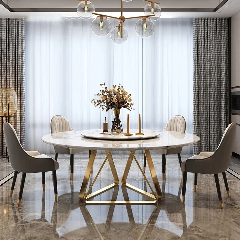 Puošnus auksinis valgomojo stalas Patefonas Laisvalaikio apvalus marmuras Virtuvės stalo kėdė Vila Aukščiausios klasės itališki Mesa De Jantar baldai