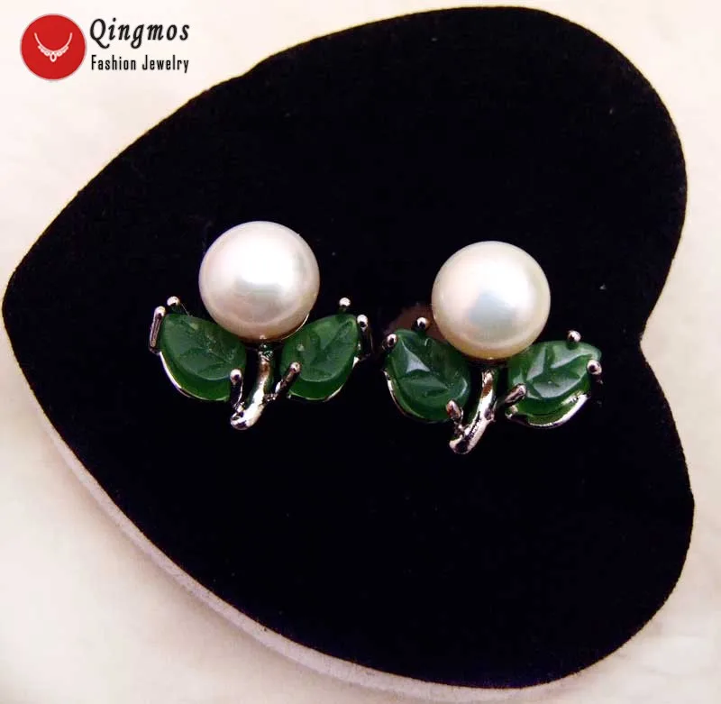 Qingmos 7-8mm Flat Round Natural Freshwater White Pearl auskaras moterims su raižytais žaliais lapais Jade auskarai Stud auskaras