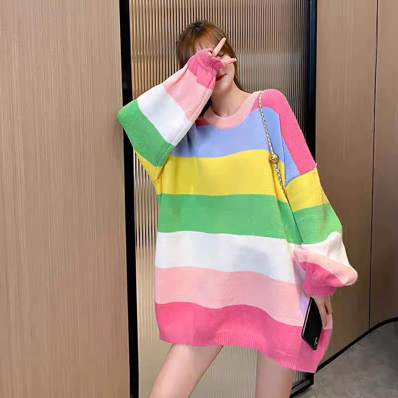 Rainbow Knitted Sweater Women Loose 2023 Nauji pavasario/rudens drabužiai Korėjietiško Honkongo skonio prašmatnūs užsienio moterų megztiniai Topas