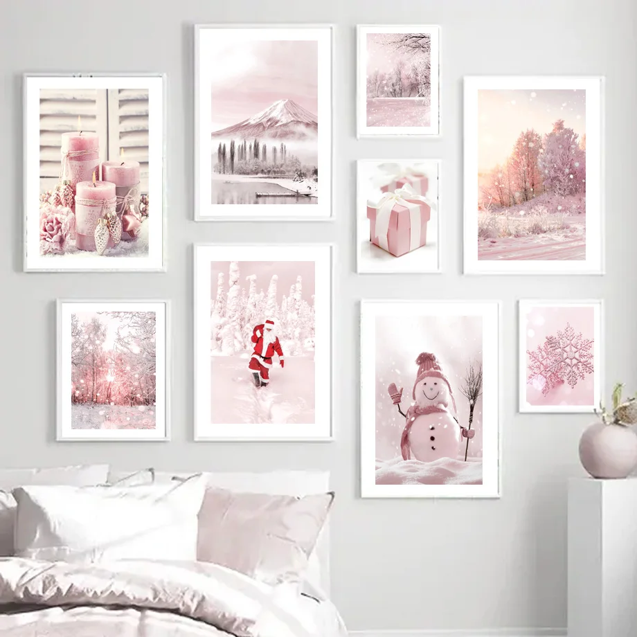 Rožinės Kalėdų žiemos sniegas Kalėdų senelio sienos meno drobės tapyba Šiaurės šalių plakatai ir spaudiniai Sieniniai paveikslėliai miegamojo namų dekorui