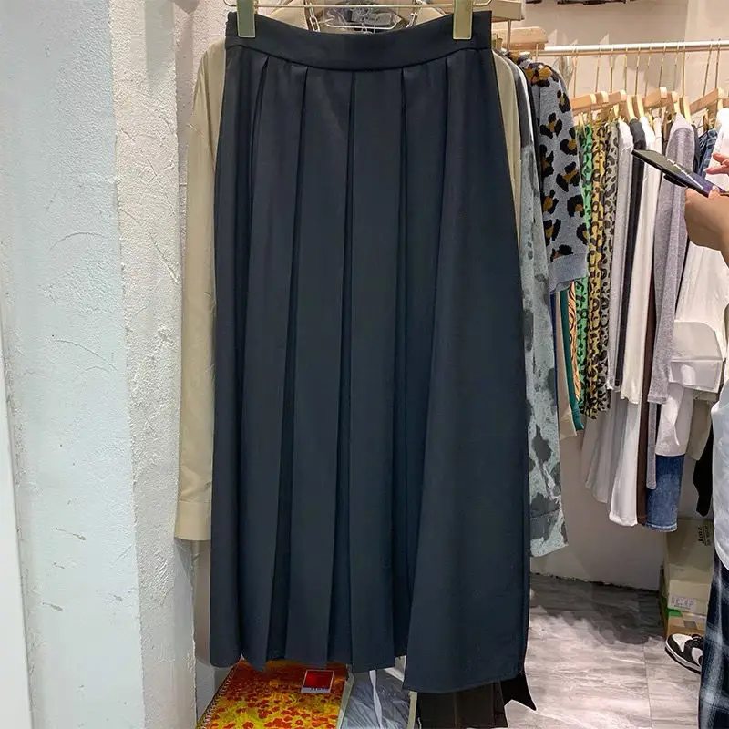 Rudens sijonai aukštu juosmeniu Moteriški ploni vidutinio ilgio juodi sijonai Kava A-line Plisuotas pritaikytas sijonas moterims Saldus preppy stilius
