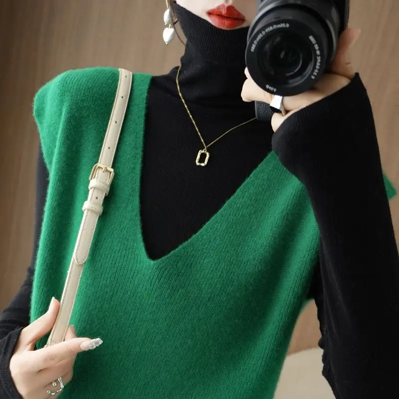 Rudens žiemos paprastumas Vienspalvis V formos kaklas Be rankovių mezgimo bakas Top Moteriški drabužiai Office Lady Laisvas minkštas megztinis megztinis