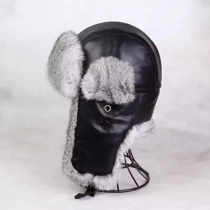 Ruduo žiema Vyrai Moteriškos natūralios odos Triušio kailis Ausų slidinėjimas Motociklas Šalčiui atspari medvilninė kepurė Žieminė avikailio kepurė TB913