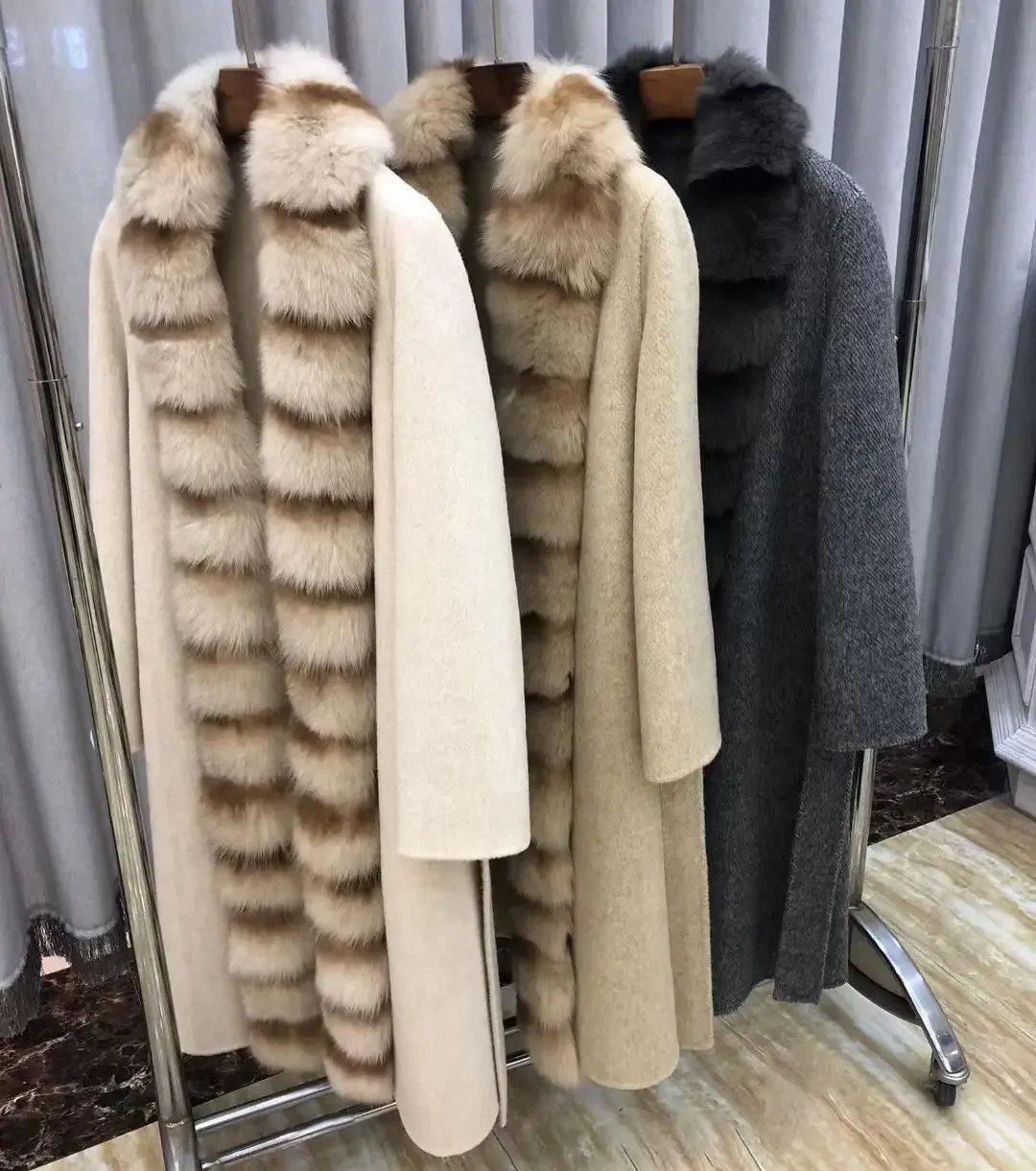 rusiško stiliaus vintažinis dryžuotas tikras lapės kailio apykaklė ilgas vilnonis paltas Lady Streetwear moteriški prabangūs diržuoti kailiniai