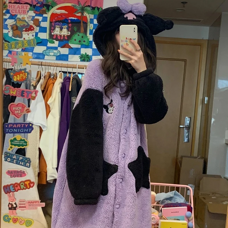 Sanrio Naktiniai marškiniai Mieli naktiniai marškiniai Kuromi Hello Kitty Moteriškos pižamos Oversize Ruduo Žieminis aksomas Medvilnė Sutirštinti Y2K kombinezonai