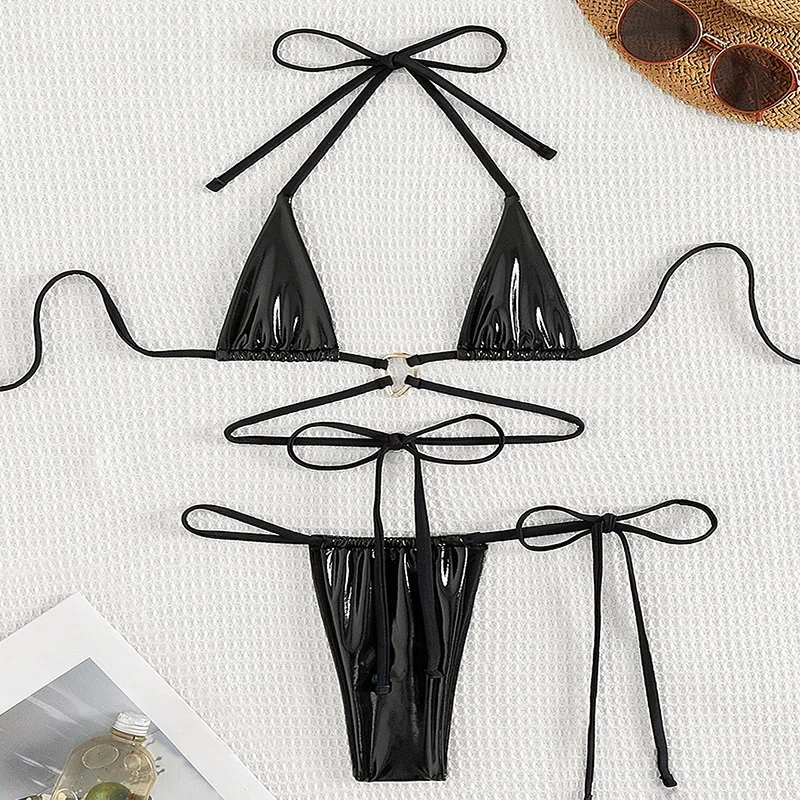 seksualūs metaliniai juodi halter string micro mini bikiniai komplektai dviejų dalių maudymosi kostiumėliai be nugaros maudymosi kostiumėliai moteriški biquini thong maudymosi kostiumėliai
