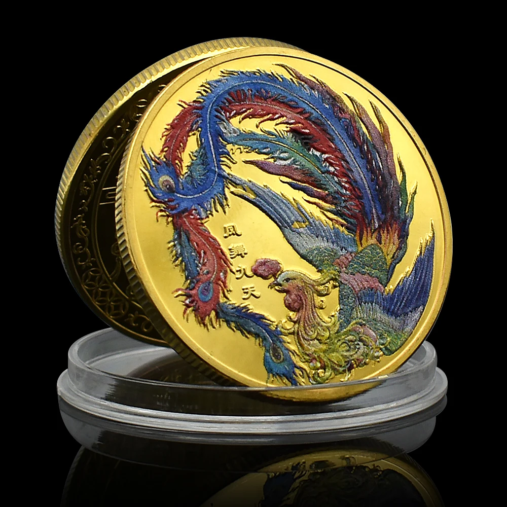 Senovės kinų Fenikso auksinė moneta atneša palankų žetoną Spalvota tapyba Dvipusis reljefinis medalis Festivalio dovana
