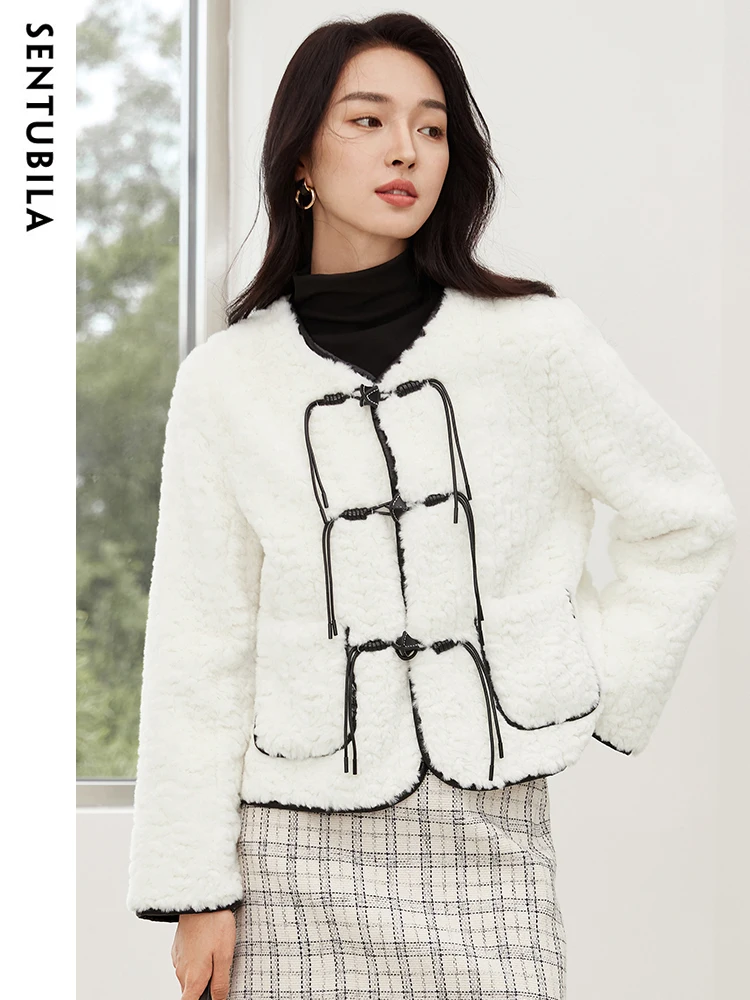 Sentubila Kinų stiliaus dirbtinis kailis Moterys Ruduo Žiema 2023 Office Lady V Neck Warm Crop Jacket Fashion Outwear Top W34P49758