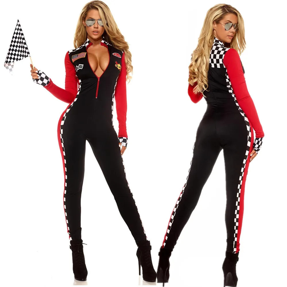Sexy Lady Race Car Driver Kostiumas Halloween Racing Girl Clubwear Zip Erotinis smėlinukas Cosplay Karnavalas Puošni vakarėlio suknelė Kombinezonas