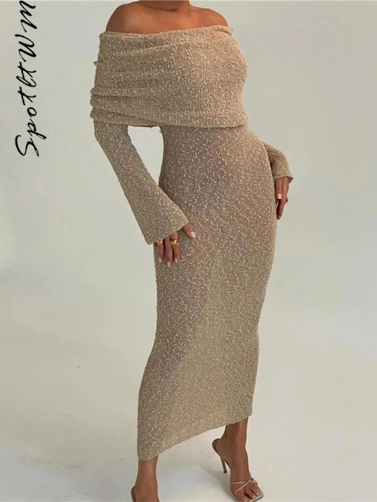 Sexy Off Shoulder See Through Slim Dress Women Chic Long Sleeve High Waist Knitted Long Dresses Fashion Lady Night Party chalatai