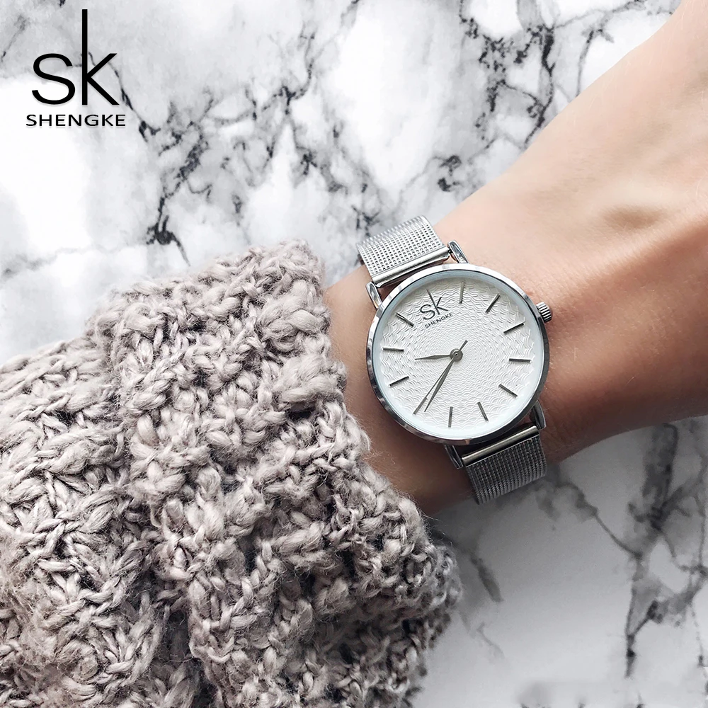SK Super Slim Sliver Mesh nerūdijančio plieno kvarciniai laikrodžiai Moterys Top Brand Luxury Casual Clock Ladies rankinis laikrodis Relogio Feminino
