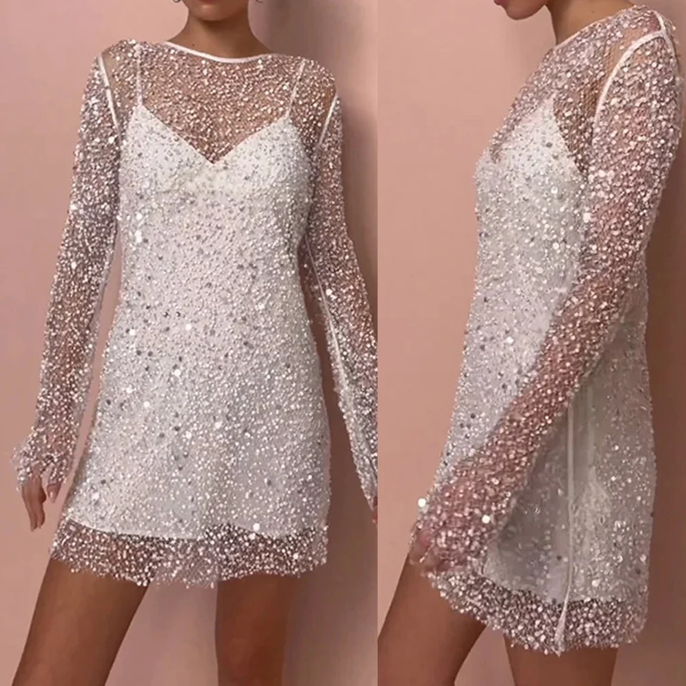 Spring Sexy Women Sequin Shiny Hollow Evening V-Neck Sling Dress Suit Long Sleeve Lady See Through Mini Dresses