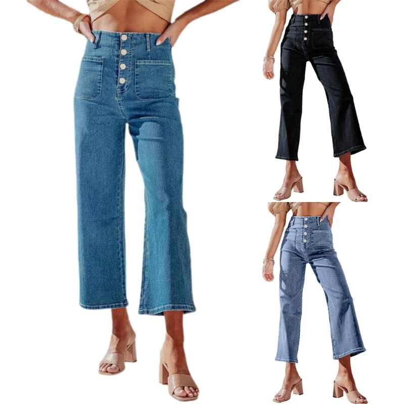 Stilingi džinsai aukštu juosmeniu plačiomis kojomis moterims Laisvos džinsinės kelnės su kišenėmis P8DB