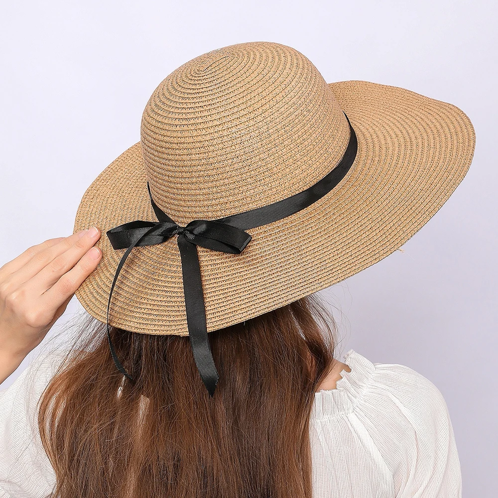 Summer Simple Natural Papyrus Sunshade Hats Ladies Casual Wide Brim Fashion Ribbon Floppy Disk Girl Outdoor Vacation Beach Hats