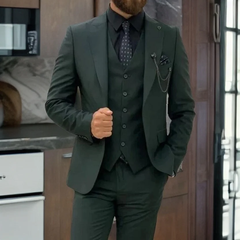 Tamsiai žali vestuviniai smokingai Vyriškas kostiumas Peak Lapel Terno Slim Fit Groom Prom Man Blazer Custom 3 vnt striukės kelnės liemenė 2024