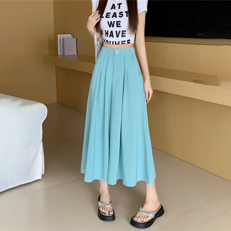 TFETTERS prekės ženklo juodas sijonas moterims vasaros vienspalvis laisvalaikio ilgas sijonas 2023 Nauja korėjiečių mada Aukšto juosmens A linijos moteriška suknelė