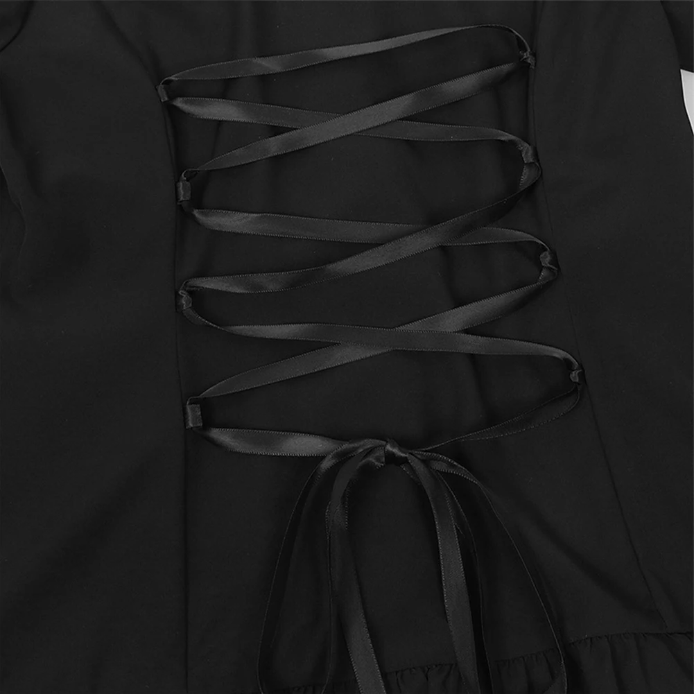 Tops Marškiniai Juodas dizainas nuimama apykaklė Flare rankovė moterims Nėriniai Mock Kaklo raukiniai Tvarstis Kietas Karštas išpardavimas
