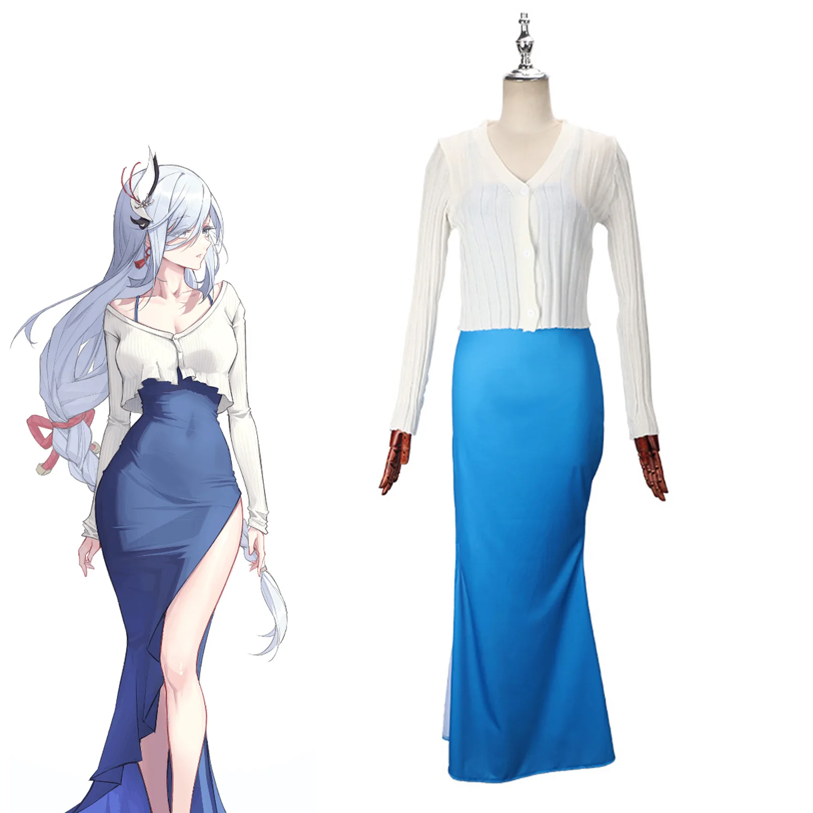 Two Pieces Daily Clothes Anime Blue Spaghetti Strap Tight Dress White Coat Halloween Game Genshin Impact Shenhe Cosplay kostiumas